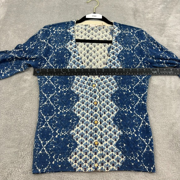 Tory Burch 100% Wool Cardigan Sweater Womens XS Blue Geometric Old Money Classic - Picture 16 of 16